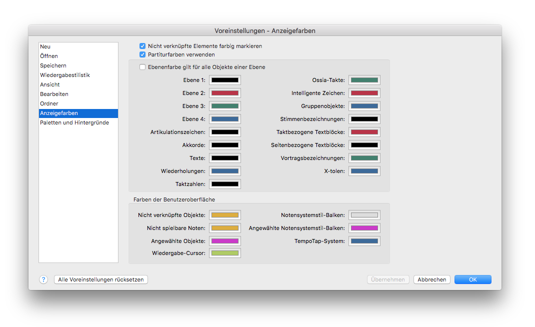 Dialogbox Voreinstellungen – Anzeigefarben